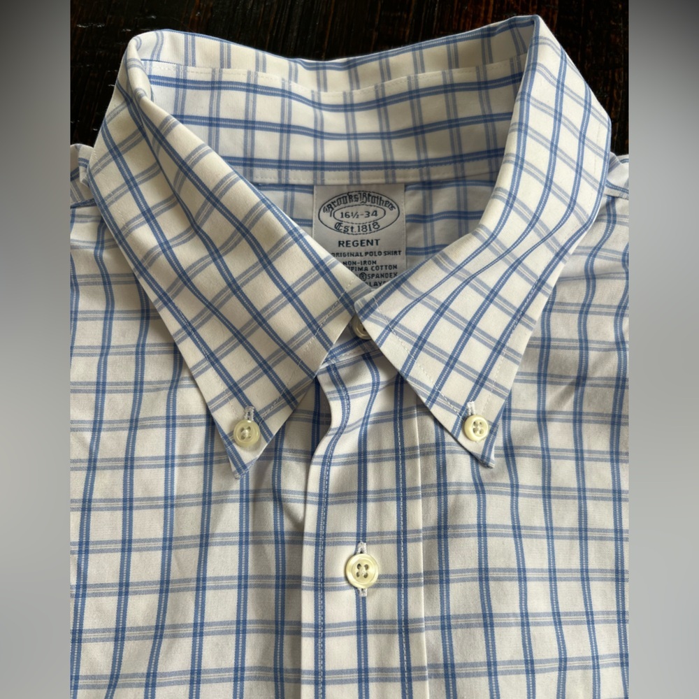 Brooks Brothers Regent Button Down Shirt 16 1/2 White Blue Plaid Cotton Stretch